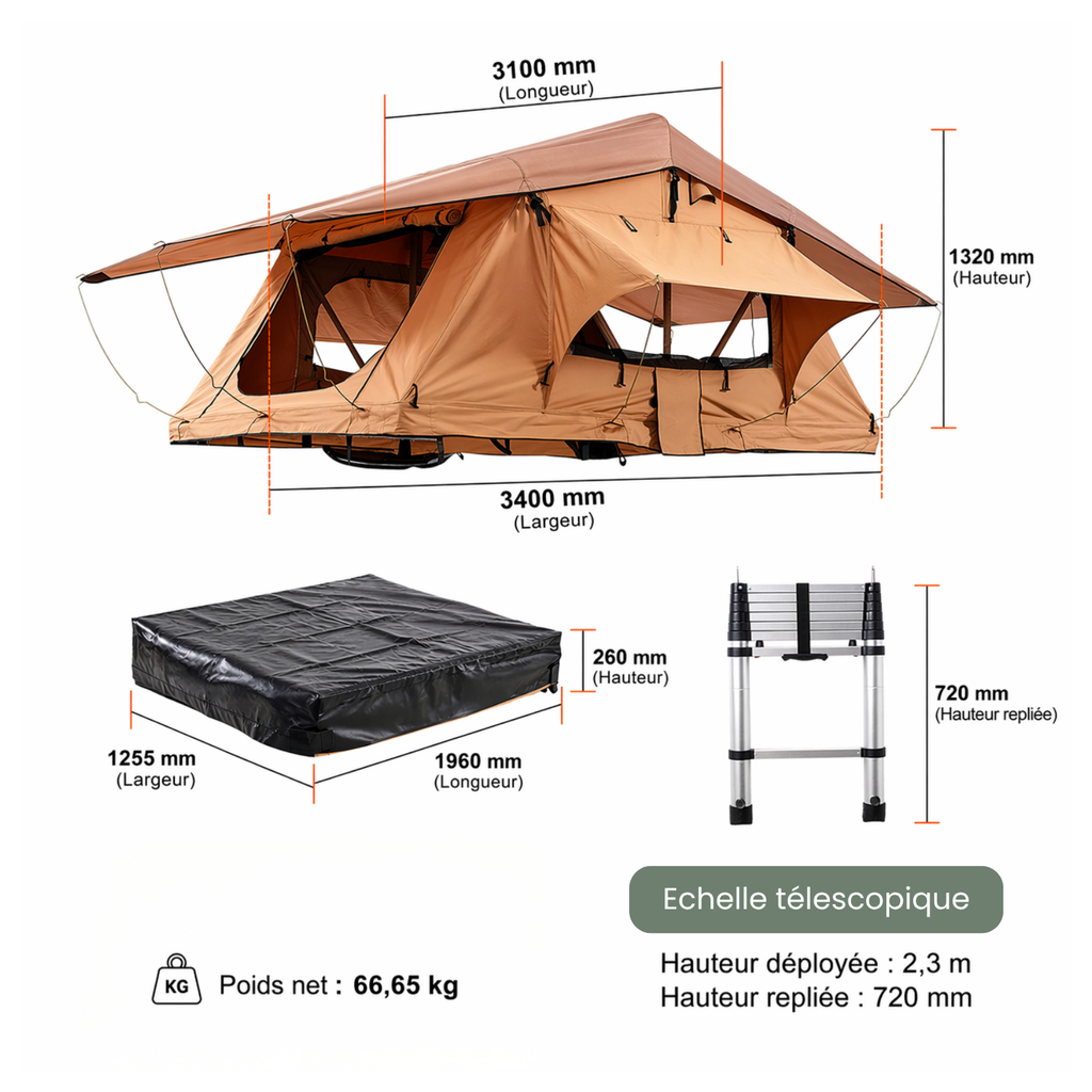 Tente de toit voiture 3 places – Format XL (340 x 310 cm)