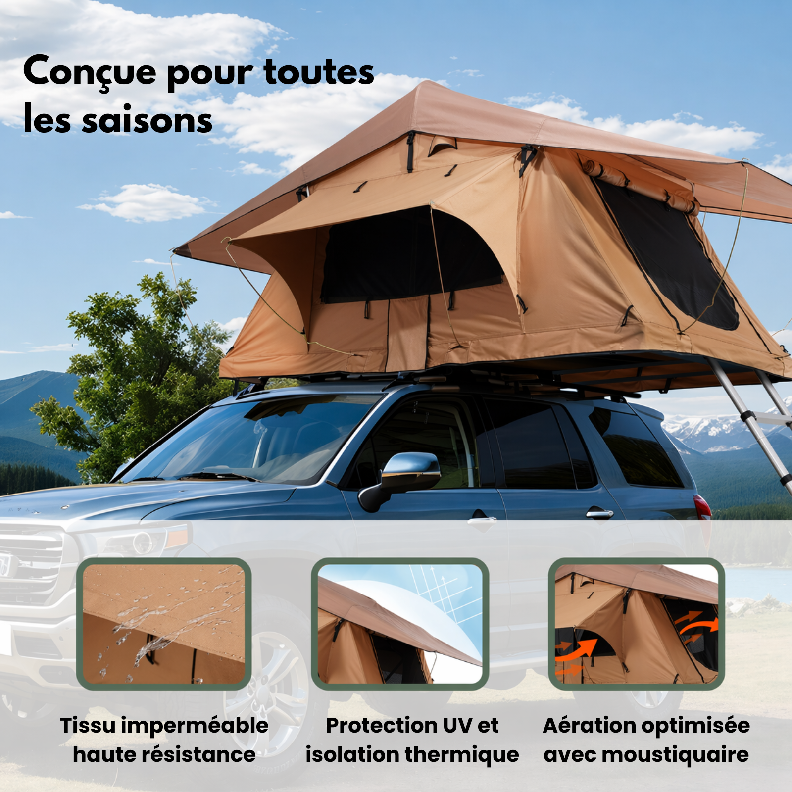 Tente de toit voiture 3 places – Format standard (336 x 265 cm)