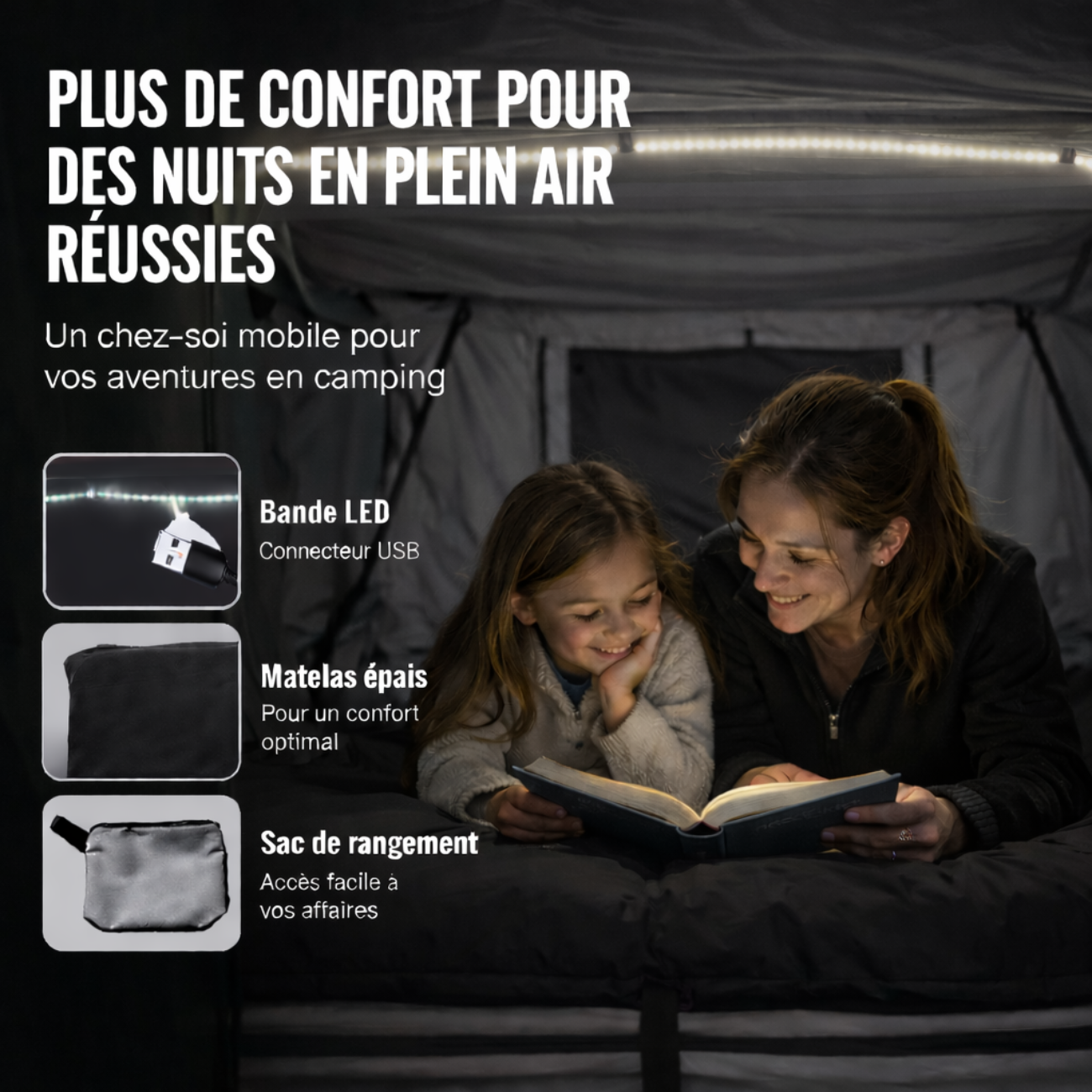 Tente de toit extensible 3 places avec espace au sol - Gris