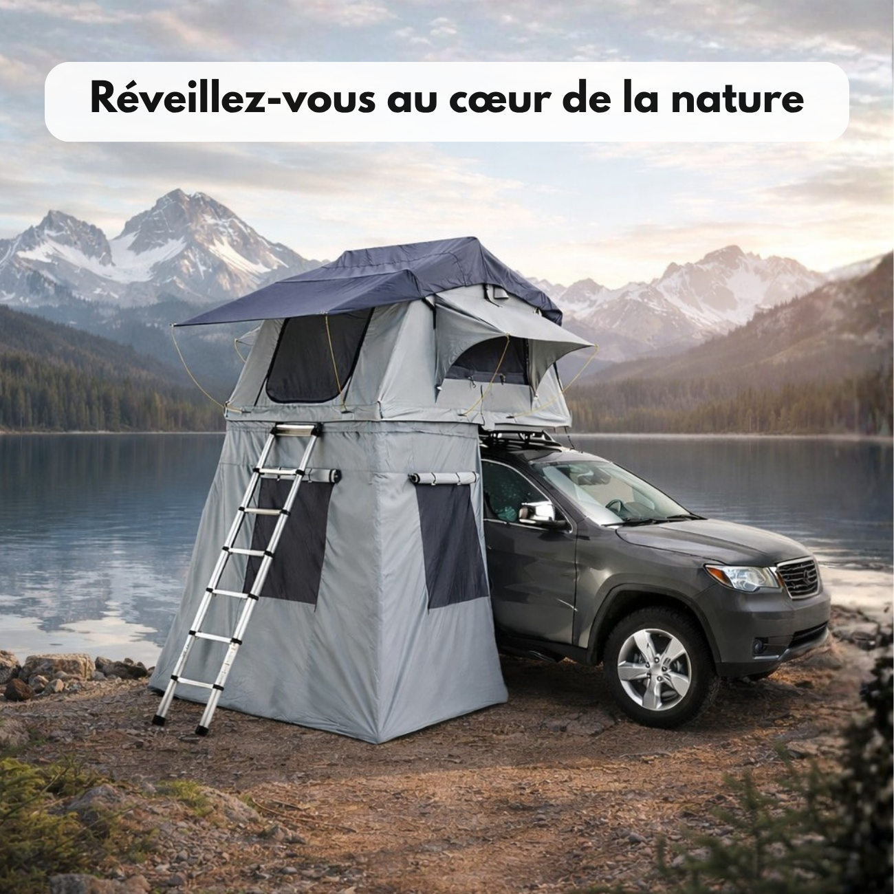 Tente de toit extensible 3 places avec espace au sol - Gris