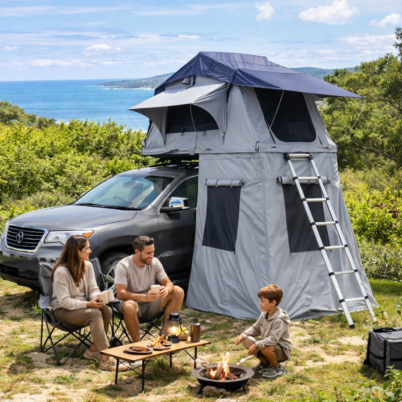 Tente de toit extensible 3 places avec espace au sol - Gris