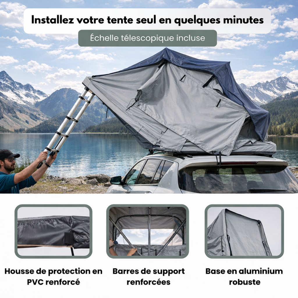 Tente de toit extensible 3 places avec espace au sol - Gris