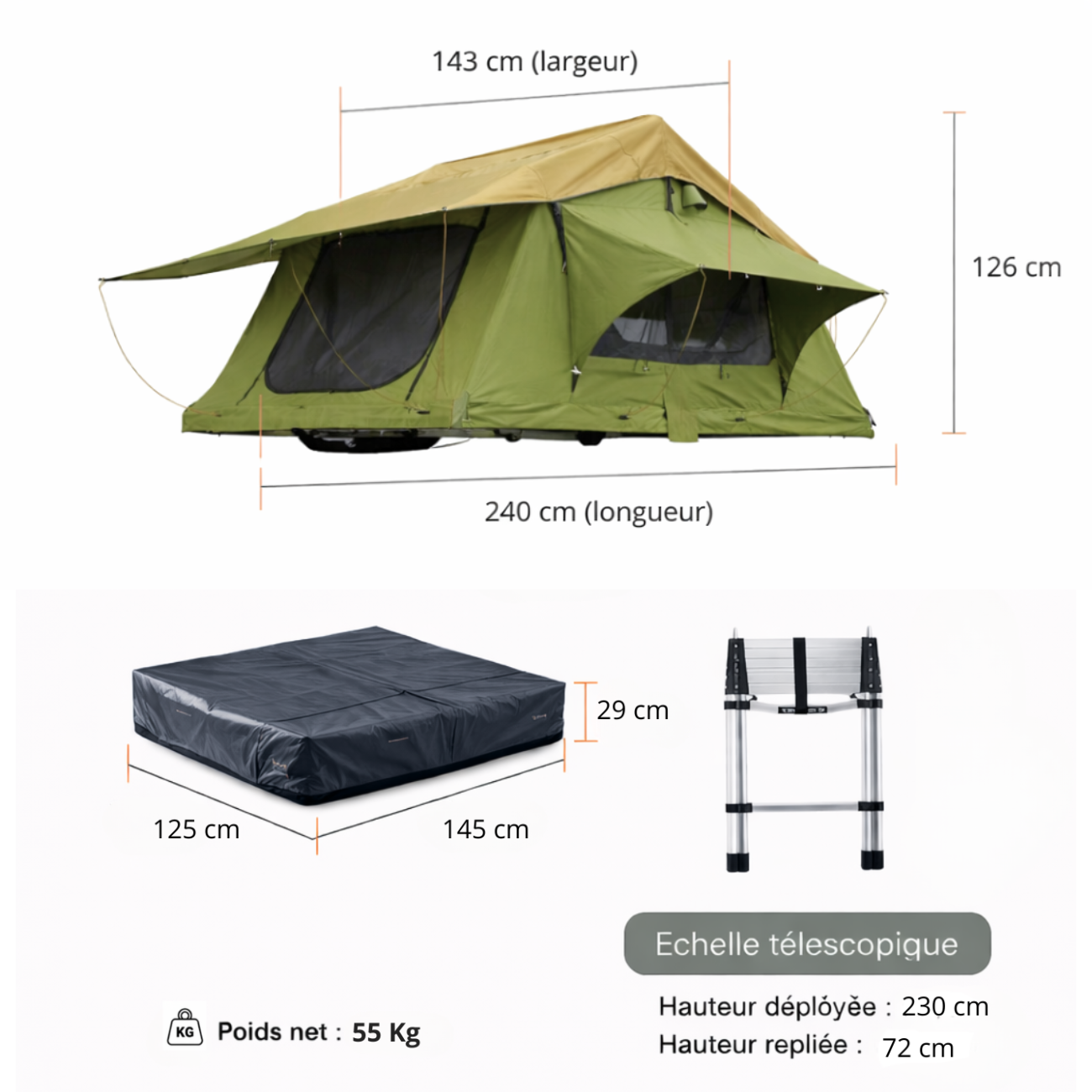 Tente de toit extensible 3 places avec espace au sol - Vert