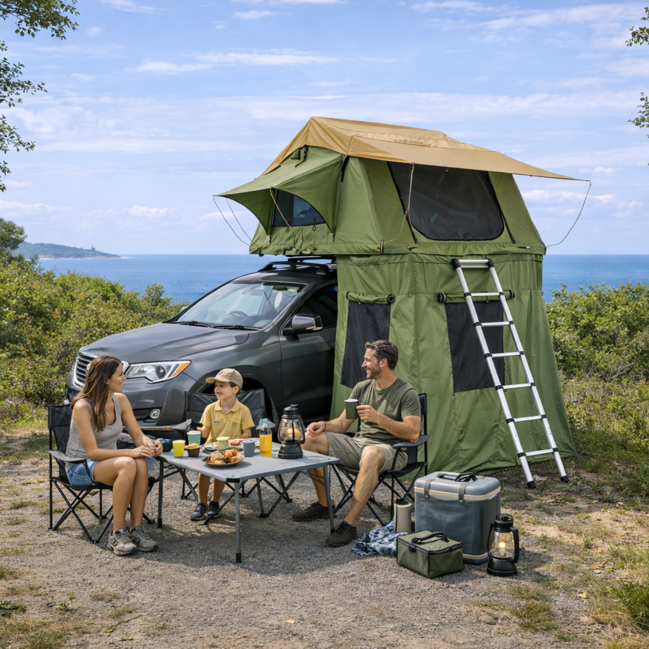 Tente de toit extensible 3 places avec espace au sol - Vert