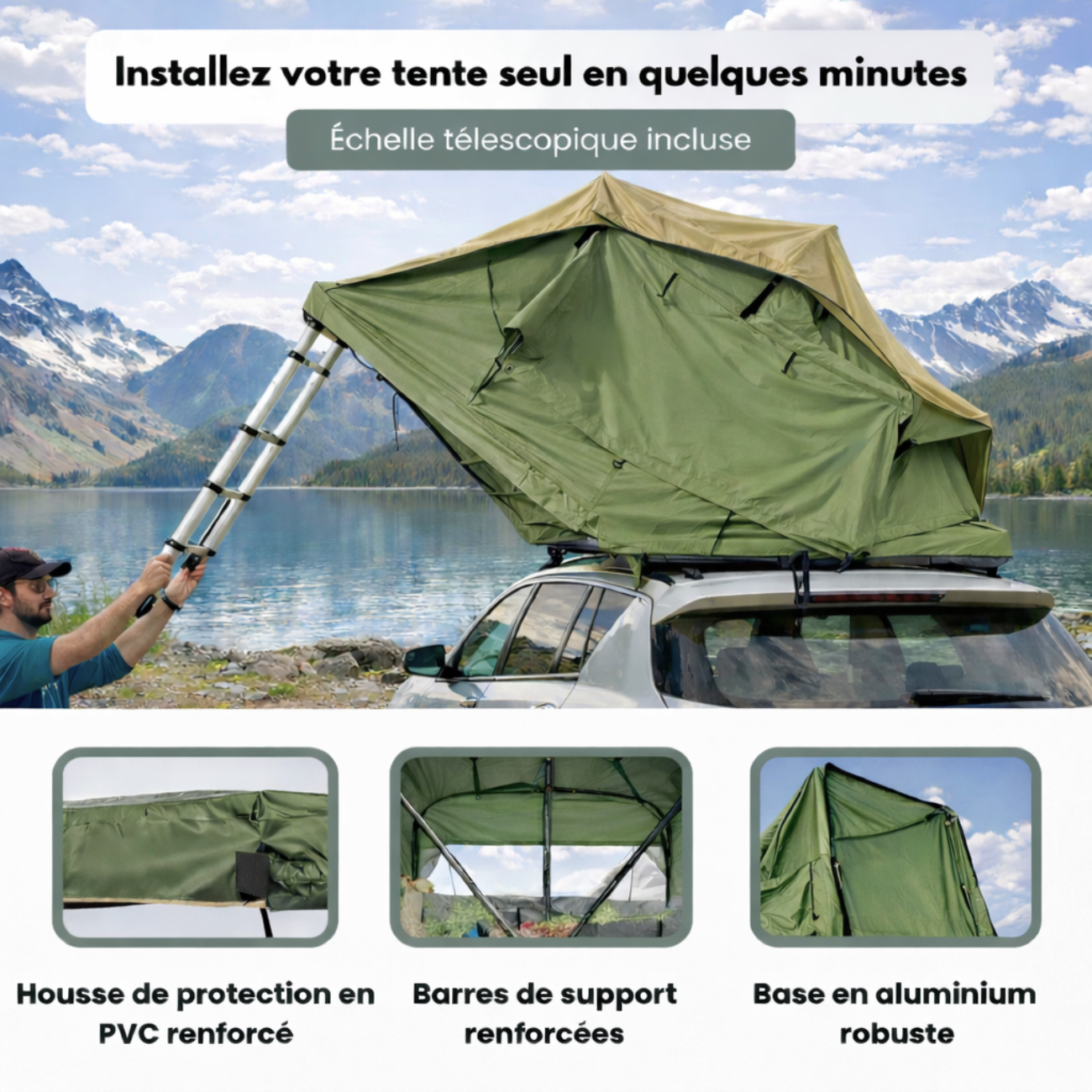 Tente de toit extensible 3 places avec espace au sol - Vert