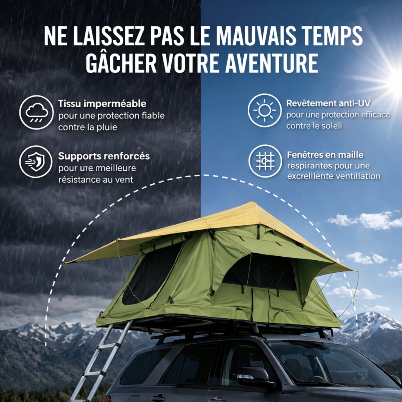 Tente de toit extensible 3 places avec espace au sol - Vert